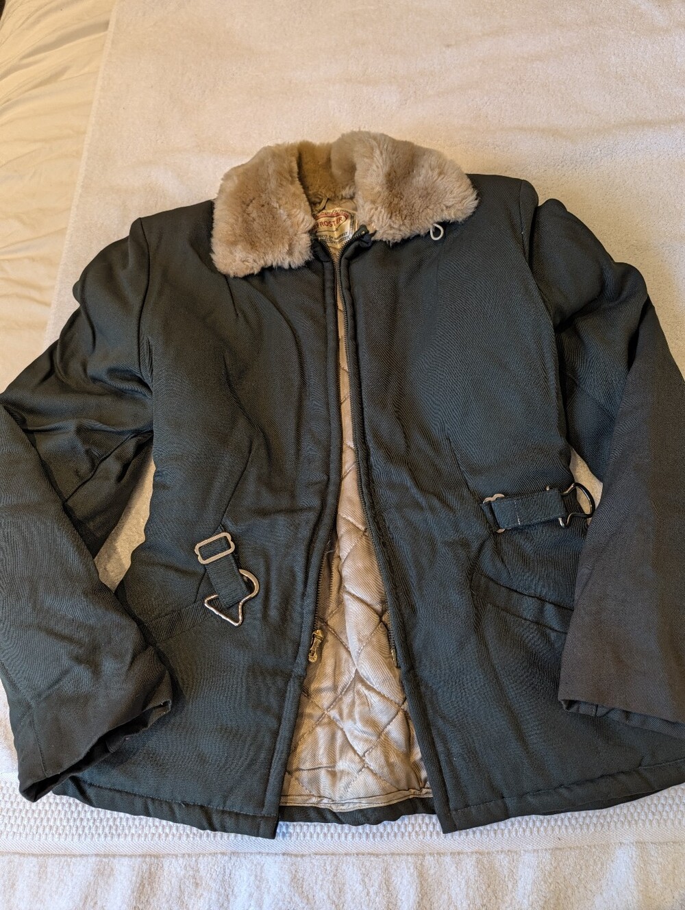 Vintage 50s 60s Amco Defroster Faux Fur Collar Jacket Quilted Belted Car Coat S